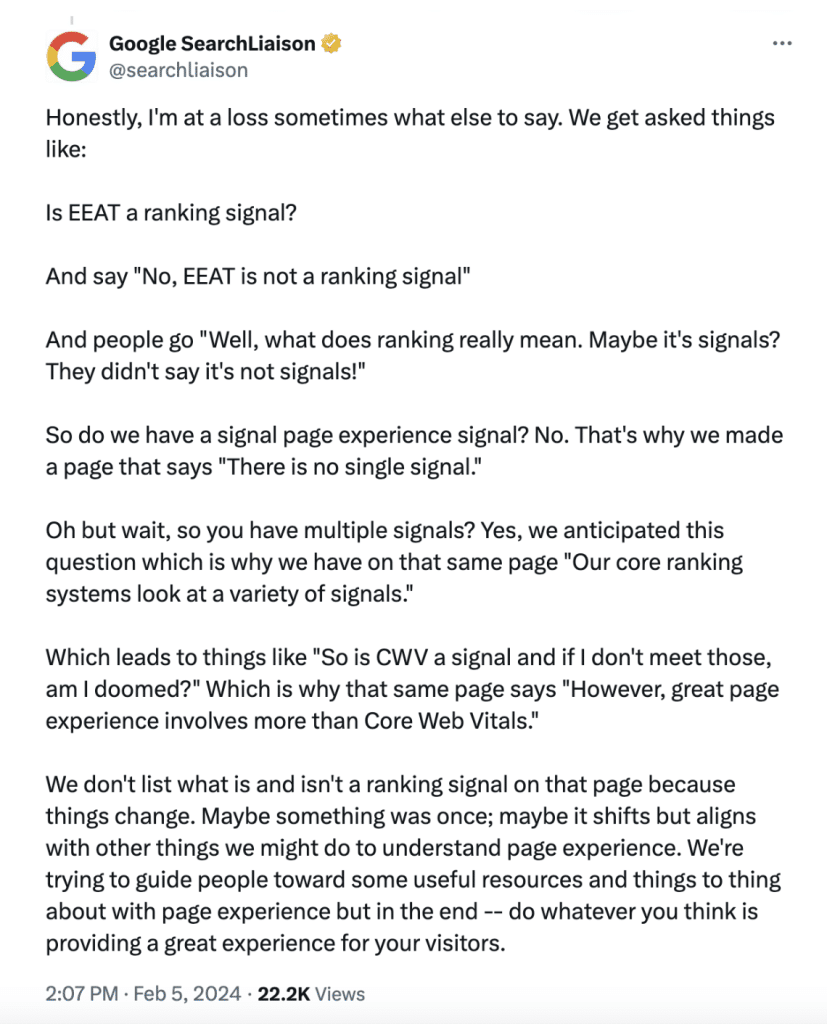 Google SearcnLialison adlı twitter kullanıcısının, eeat hakkında tweet'inin ekran görüntüsü